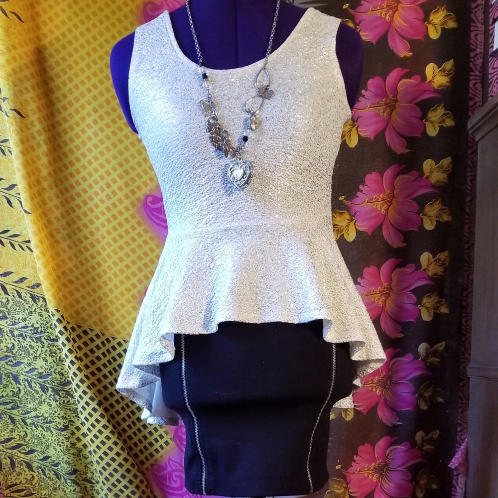 Sparkly, White Peplum Shirt with Scoop Neck